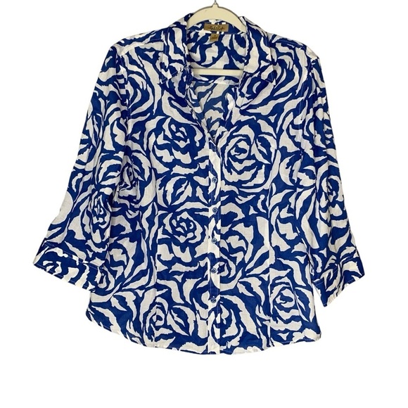Peck &‎ Peck Weekend blue and white floral button down 3/4 sleeve. Size 16 - Picture 1 of 8